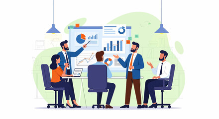 Adobe Illustrator vector flat style illustration of a business office meeting presentation, highlighting teamwork, data analysis, and productivity
