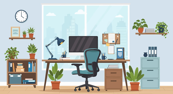 Adobe Illustrator vector flat style illustration of a modern and organized business office workspace with a desk, computer, chair, shelves, plants, and city view, promoting productivity