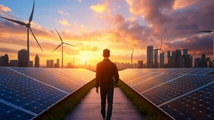 A renewable gas production facility in a futuristic cityscape, surrounded by wind turbines and solar panels, showing the harmony between technology and sustainability - Powered by Adobe