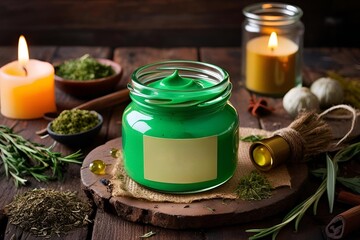 Green watercolor in glass bottle on table | Illustration