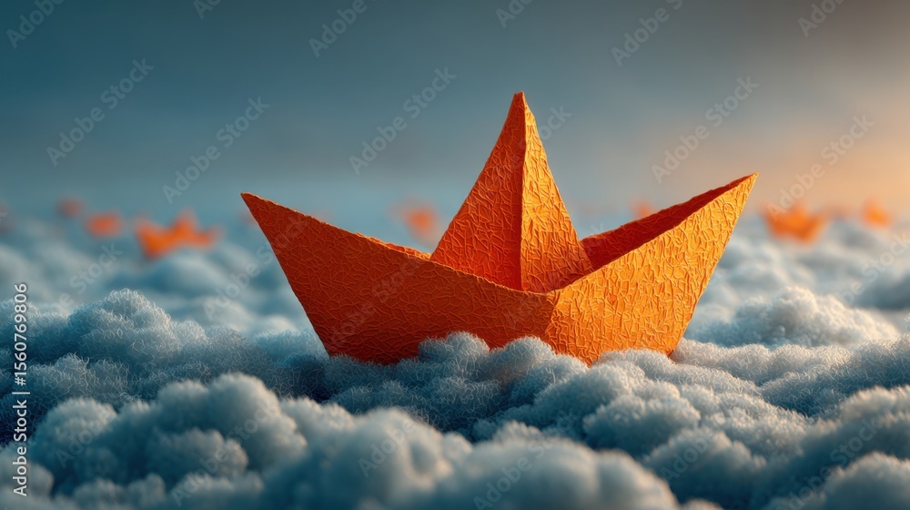 Poster a vibrant orange paper boat floats serenely on soft clouds under a colorful sunset sky. additional b
