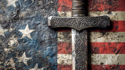 A sword rests against a weathered American flag, highlighting themes of heritage and conflict in a unique artistic representation