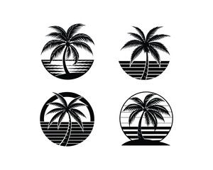 This set of four stylized, black and white coconut tree silhouettes evokes a vintage, summery feel