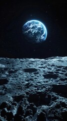 Earth seen from moon surface with starry sky