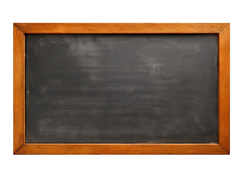 A blank chalkboard with a wooden frame, Top view, isolated on a transparent background in PNG format.