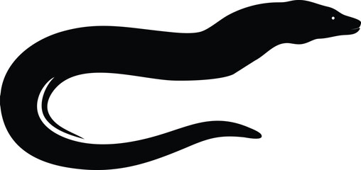 Elegant black silhouette of an eel swimming against a plain white background