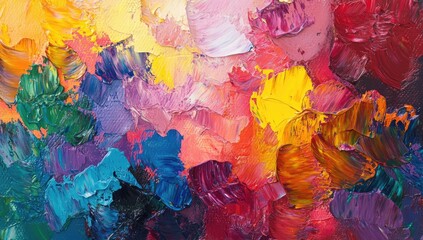 Vibrant palette knife impasto.  A close-up view of thick layers of paint, in a riot of colors.  Bold, textured strokes create a dynamic abstract
