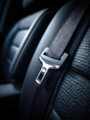 Close-up of a car seatbelt latch on a leather seat