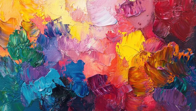 Vibrant palette knife impasto.  A close-up view of thick layers of paint, in a riot of colors.  Bold, textured strokes create a dynamic abstract
