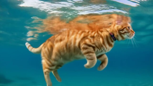 Orange Cat Swimming Underwater - A vibrant orange tabby cat is seen swimming gracefully underwater, showcasing its unexpected affinity for water.
