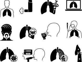 Black Lung Disease Icon Set. Vector Illustrations Lung, Lung Biopsy, Inhaler, Lung Screening, Oxygen Mask, Nebulizer, Bronchial Asthma, Spirometry, COPD, Pneumonia, Bronchoscopy, and Cough