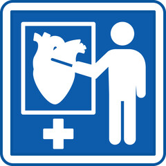 Blue Sign Health Education. Vector Illustration. Teacher Shows How The Human Heart Works. Signboard In The Hospital Department