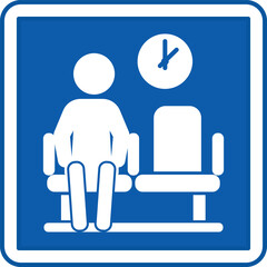 Blue Waiting Area Sign. Vector Illustration. Waiting Area For Doctor's Appointment. Man Sits And Waits For His Time. Hospital Department Sign