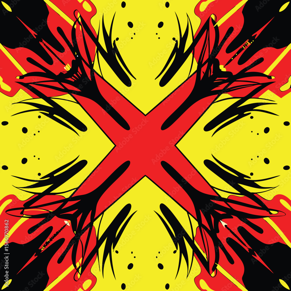 Poster dynamic abstract composition with red, yellow and black splatter on a transparent background