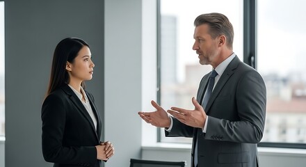 Serious Business Discussion Two Professionals in a Corporate Setting