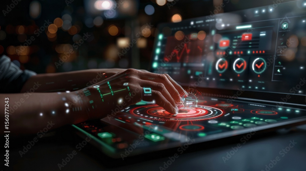 Poster futuristic interface manipulation via holographic technology, showcasing cutting-edge graphics and u