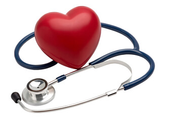 A red heart model rests gently on a dark blue stethoscope, isolated on transparent background