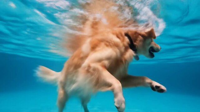 Golden Retriever Swimming Underwater - video of a golden retriever swimming underwater, captured from a front-facing angle.