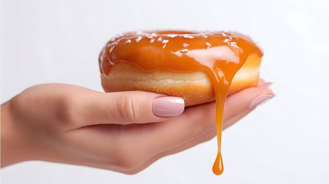 A delicious caramel glazed donut held by a person's hand, isolated on white.