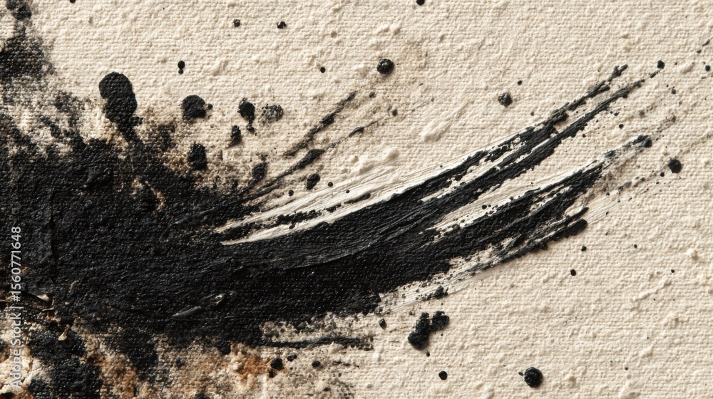 Poster black paint creates streaks and splashes across a textured canvas, merging chaotic patterns and fine