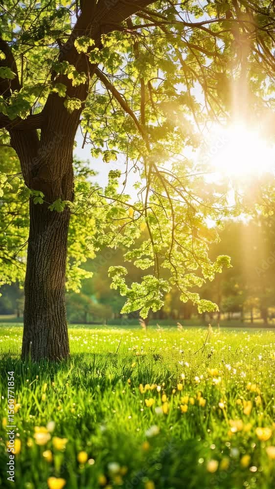 Poster sunlit tree in a lush meadow captured from a low angle, creating a serene and vibrant scene perfect 
