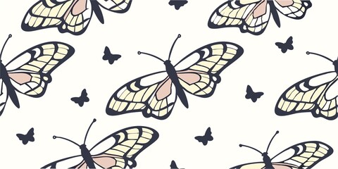 Stylized cream butterflies with black outlines and pink accents on a white background, featuring scattered black silhouettes for contrast.