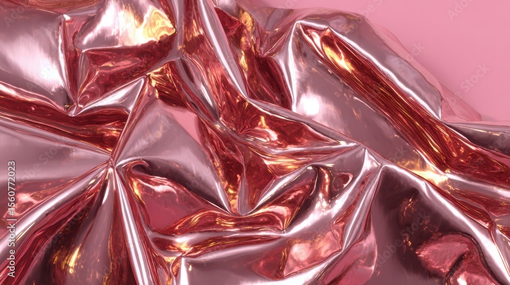 Poster crumpled metallic fabric shimmers with warm rose and gold tones, creating a dynamic surface that cap