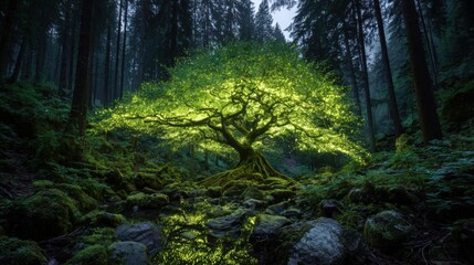 Obraz premium A stunning tree radiates vibrant green light in a tranquil forest at twilight. The serene stream reflects its glowing branches amidst lush, mossy surroundings.