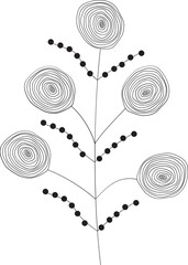 Artistic rendering of a botanical branch holding abstract shapes representing fruit, seeds, and floral forms.