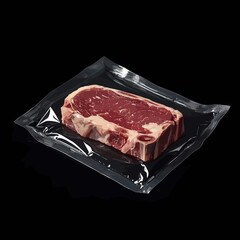 Raw steak packed in vacuum seal plastic on black background  