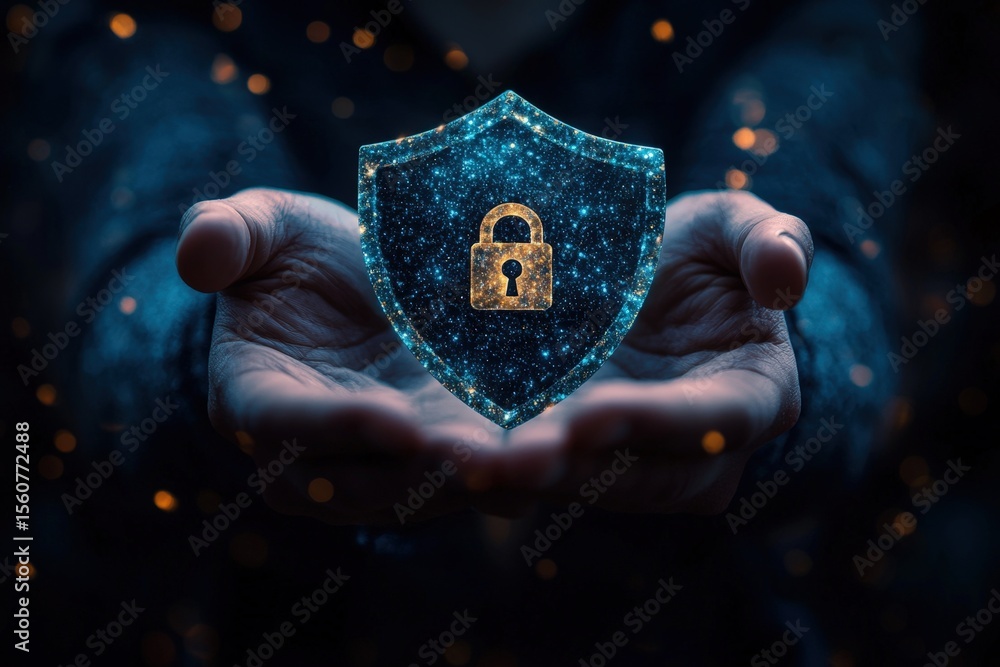 Poster digital security concept with a glowing shield and lock symbol in a person's hands