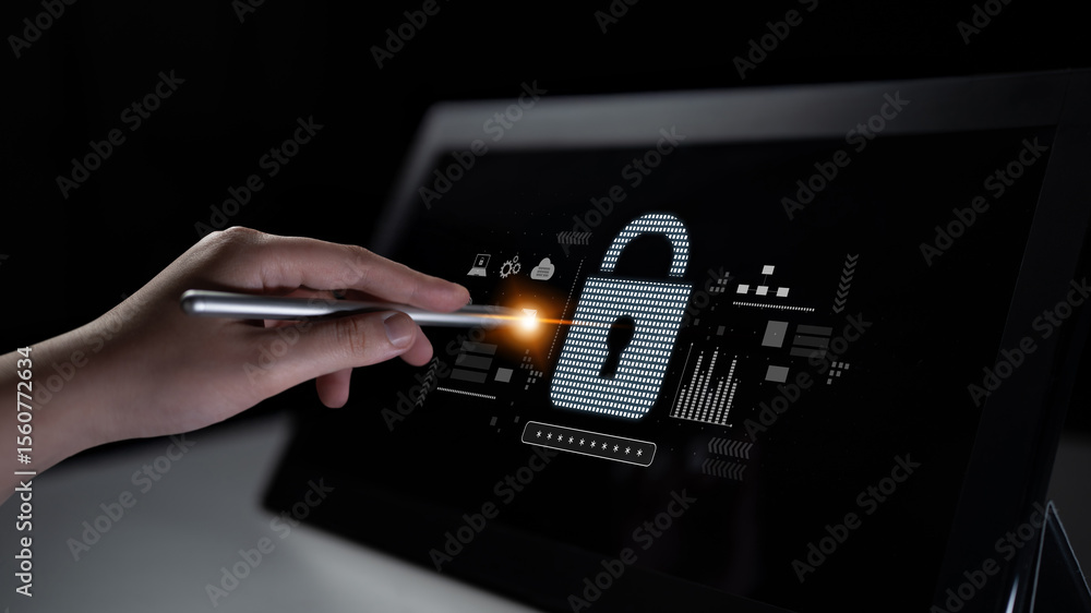 Poster cybersecurity protection system showing password encryption, fingerprint id, cloud security, email, 