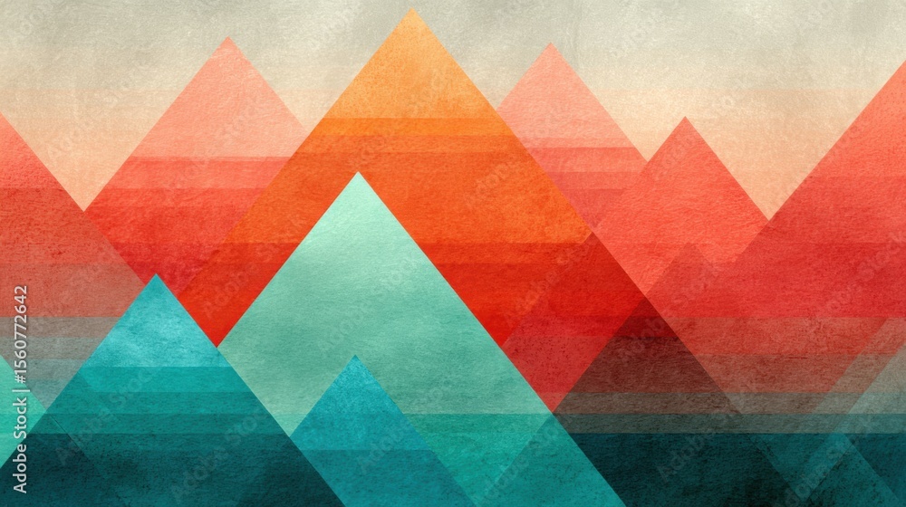 Poster colorful triangular shapes form a mountain landscape filled with shades of orange, blue, and teal, c