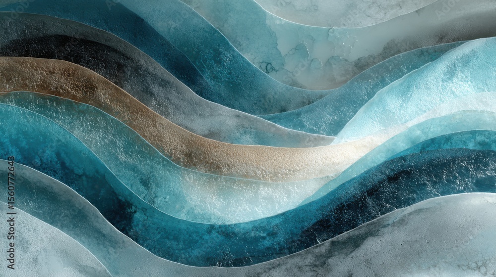 Poster swirling patterns of blue and brown create an abstract representation of waves, highlighting the int