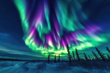 Majestic aurora borealis display over a wintry landscape.  Vibrant hues of pink, purple, and green dance across a starlit night sky.  