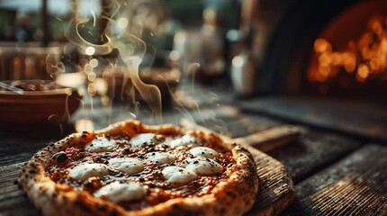 Neapolitan pizza fresh from the oven, releasing aromatic steam in slow motion