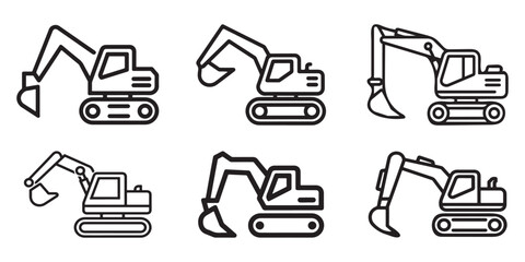 set of construction equipment excavator vector icon line art illustration on a white background