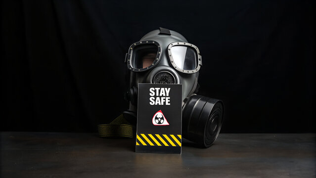 A gray gas mask sits behind a stay safe sign with a toxic symbol on a black background