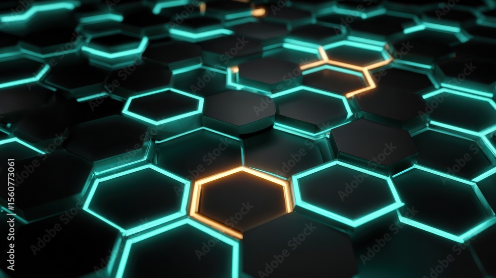 Poster a striking pattern of interconnected hexagons, illuminated with blue and orange edges, creates a vis