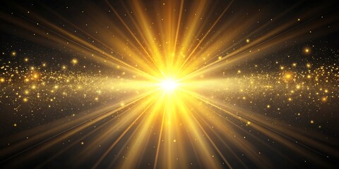 Bright golden light burst with sparkling particles and rays emanating from the center against a dark background