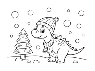 A4 Christmas winter colouring sheet, cute cartoon dinosaur. Cartoon winter style Dinosaur