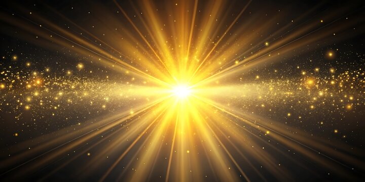 Bright golden light burst with sparkling particles and rays emanating from the center against a dark background - Powered by Adobe