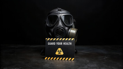 A black gas mask sits behind a sign that reads guard your health with a biohazard symbol, set against a dark background