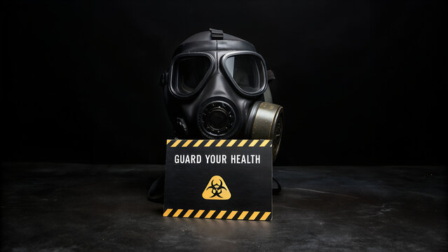 A black gas mask sits behind a sign that reads guard your health with a biohazard symbol, set against a dark background