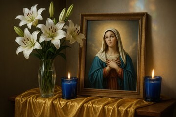 Assumption of Mary altar setup with lilies and candles