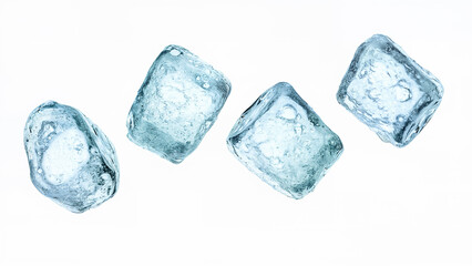 Blue ice cubes flying on isolated white background. Suitable for illustrating freshness, cold, or beverage concepts.