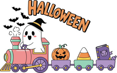 Cute ghost driving a Halloween train with bats pumpkin candy and spell book vector