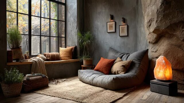 Cozy interior design featuring a comfortable sofa and natural decor, perfect for relaxation and mindfulness.