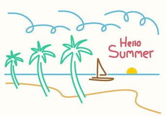 colorful minimalist summer illustrations featuring sunsets, palm trees