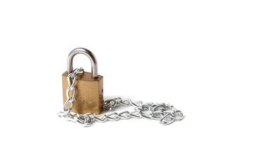  An iron lock with a chain is located on a white background.